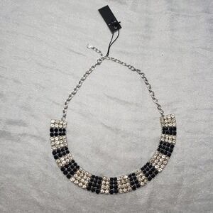 BaubleBar Black and Clear Crystal Striped Bib Statement Necklace Silver Tone NWT